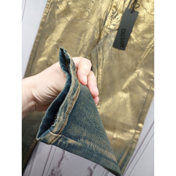 NWT MYSTIQ Womens High Waisted Jeans SZ 3 Unique Gold Spray Paint Look $66 MSRP - Picture 10 of 16